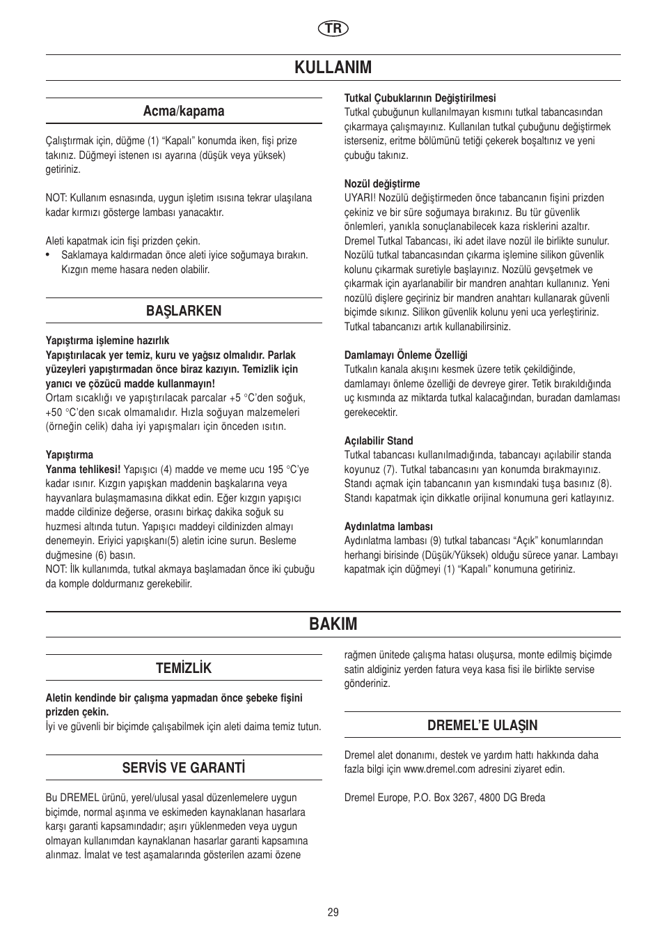 Kullanim, Bakim | Dremel Клеевой пистолет DREMEL User Manual | Page 29 / 50