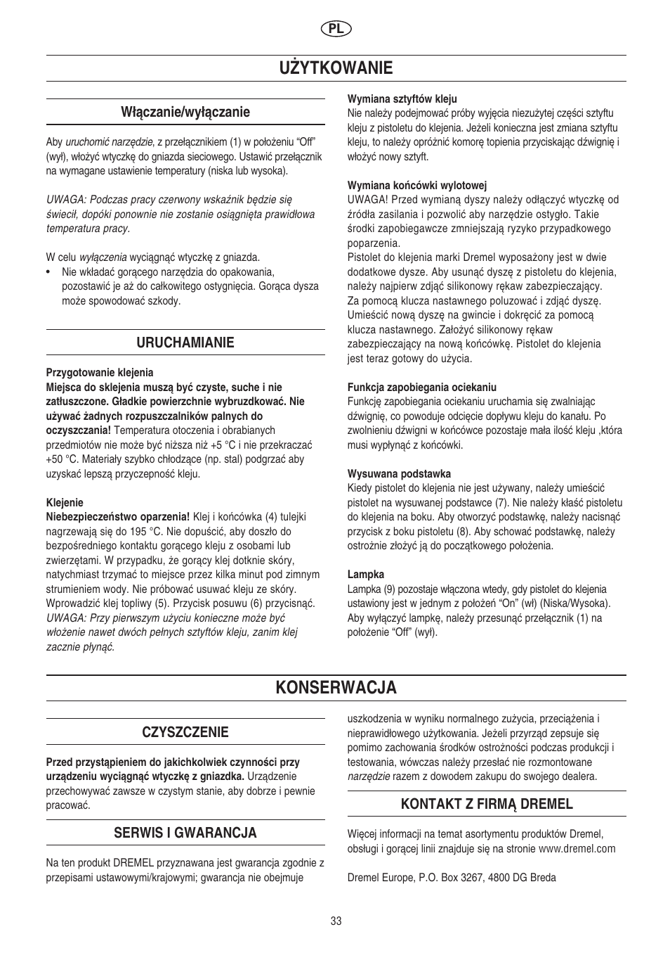 U˚ytkowanie, Konserwacja | Dremel Клеевой пистолет DREMEL User Manual | Page 33 / 50