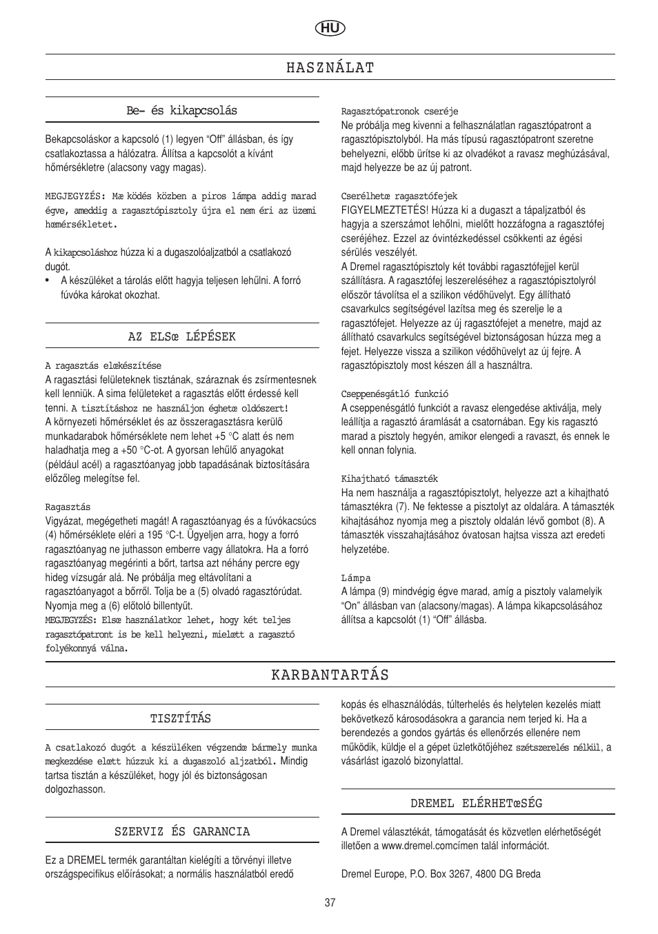 Használat, Karbantartás | Dremel Клеевой пистолет DREMEL User Manual | Page 37 / 50