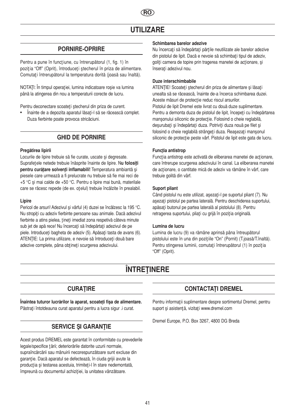 Utilizare, Întret¸inere | Dremel Клеевой пистолет DREMEL User Manual | Page 41 / 50