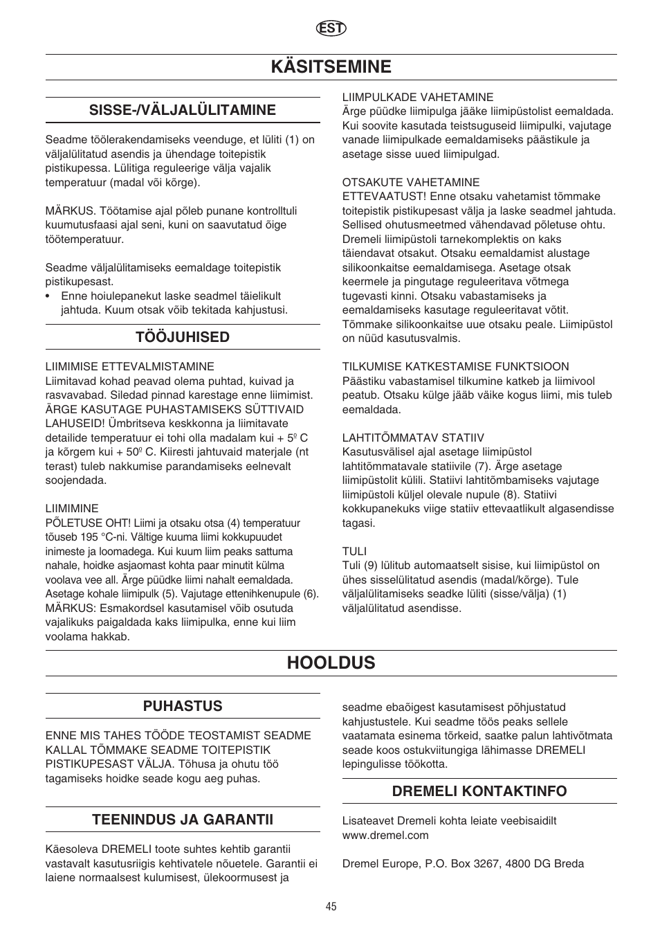 Käsitsemine, Hooldus | Dremel Клеевой пистолет DREMEL User Manual | Page 45 / 50