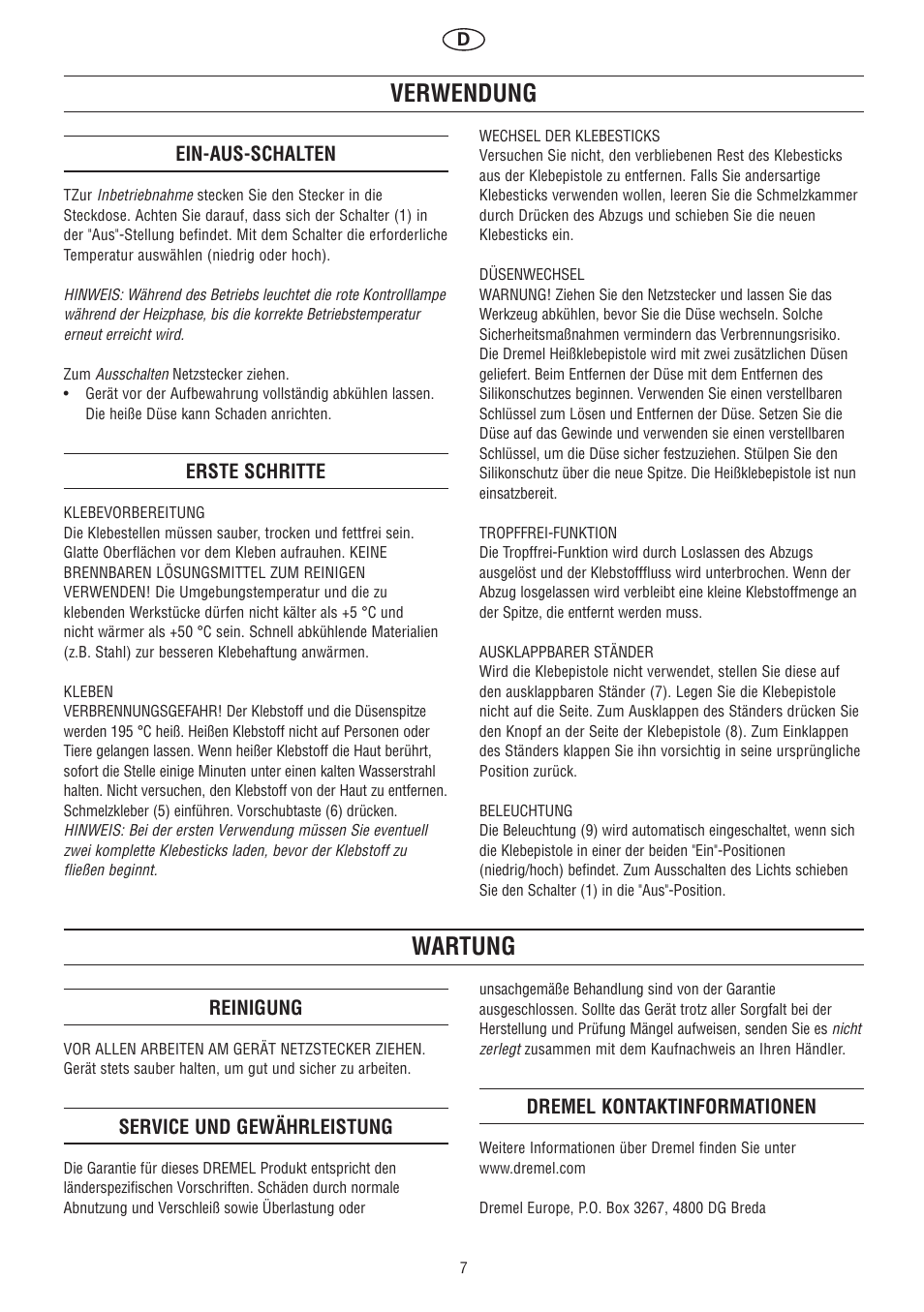 Verwendung, Wartung | Dremel Клеевой пистолет DREMEL User Manual | Page 7 / 50