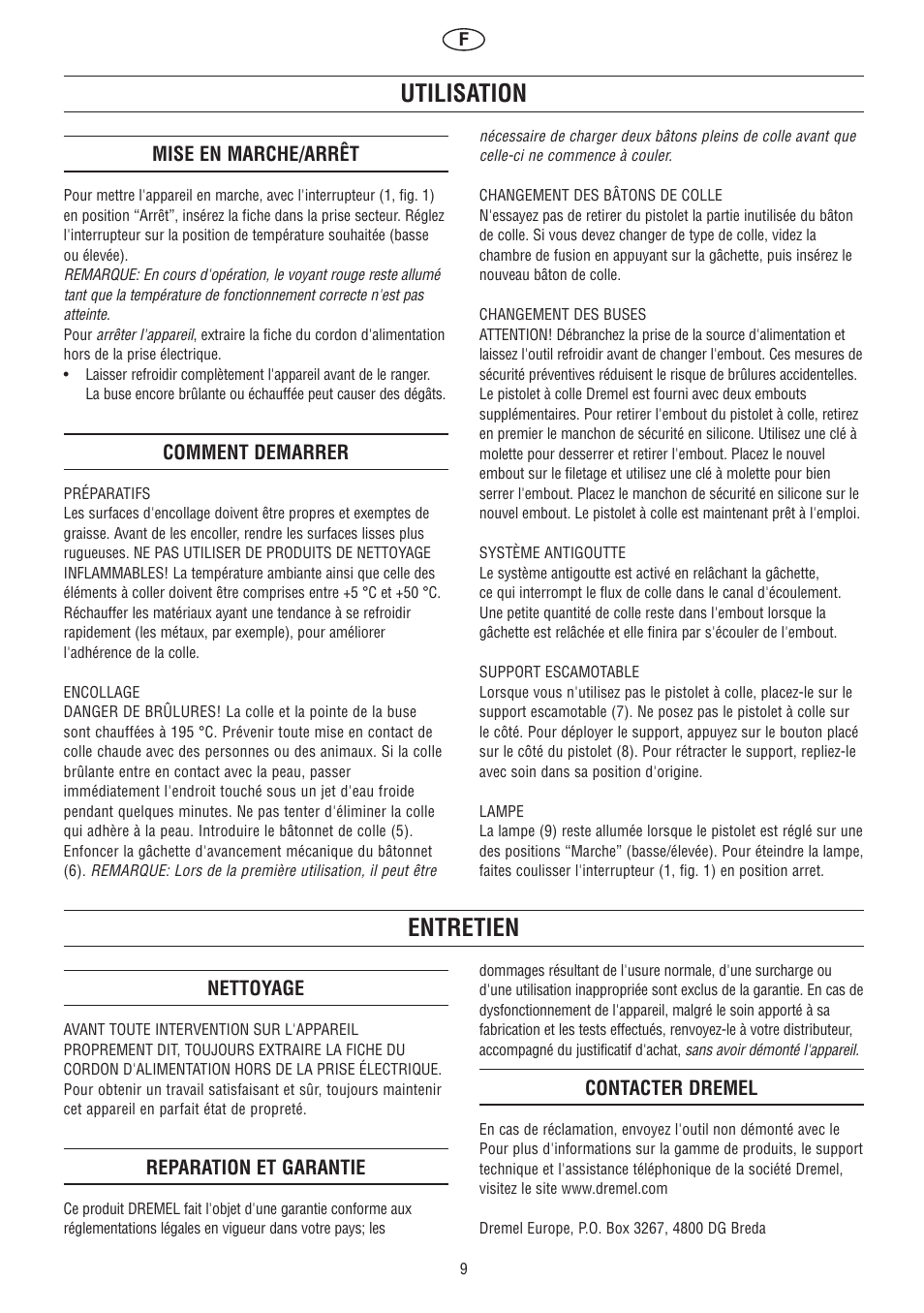 Utilisation, Entretien | Dremel Клеевой пистолет DREMEL User Manual | Page 9 / 50