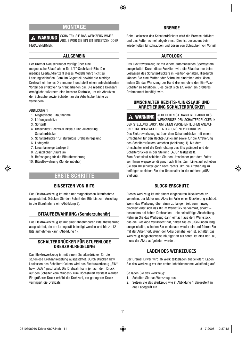 Montage, Erste schritte, Warnung | Dremel Шуруповёрт DREMEL Driver User Manual | Page 11 / 108