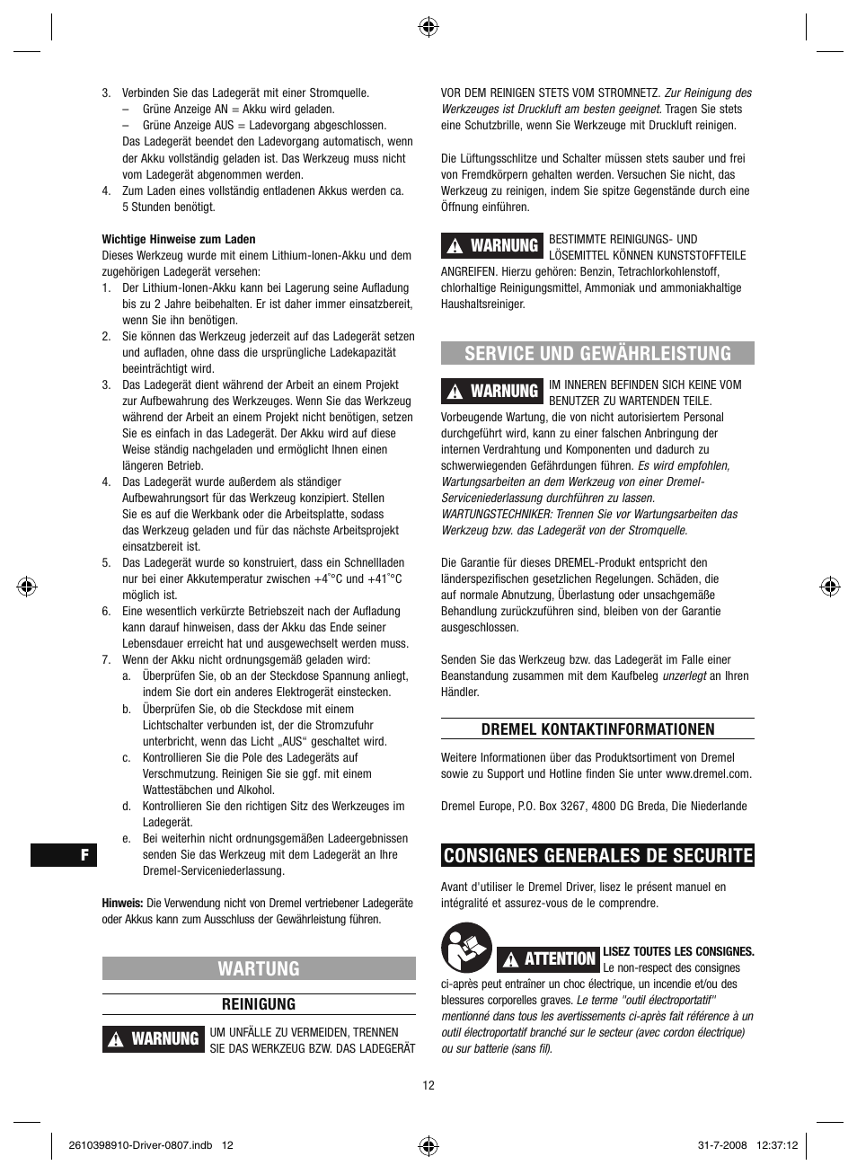 Wartung, Service und gewährleistung, Consignes generales de securite | Warnung, Attention | Dremel Шуруповёрт DREMEL Driver User Manual | Page 12 / 108