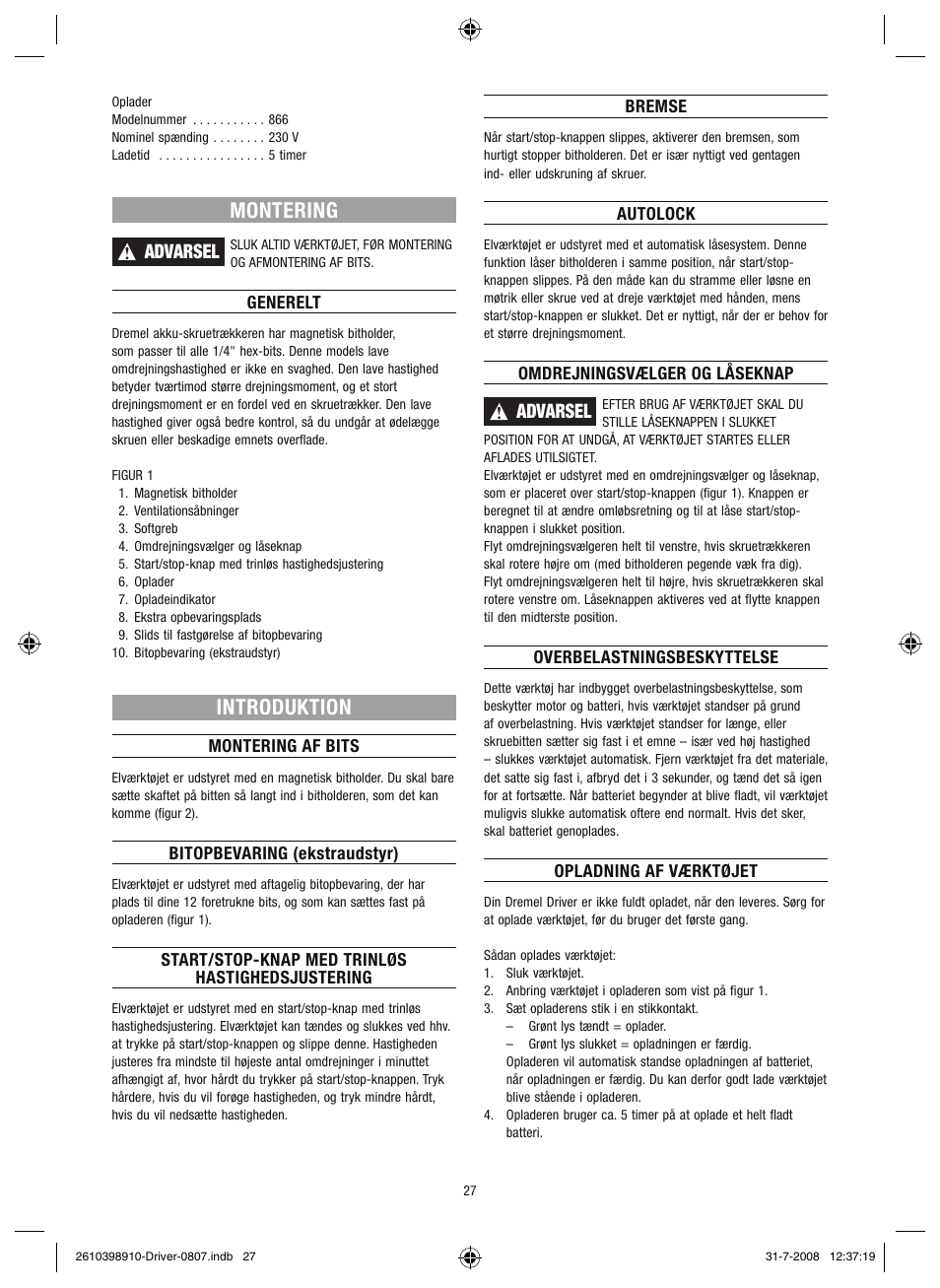 Montering, Introduktion, Advarsel | Dremel Шуруповёрт DREMEL Driver User Manual | Page 27 / 108