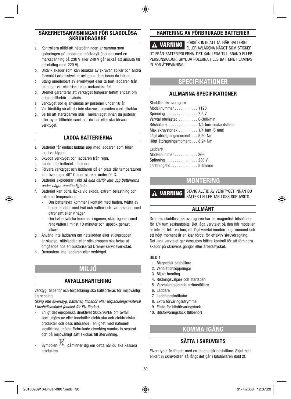 Miljö, Specifikationer, Montering | Komma igång, Varning | Dremel Шуруповёрт DREMEL Driver User Manual | Page 30 / 108