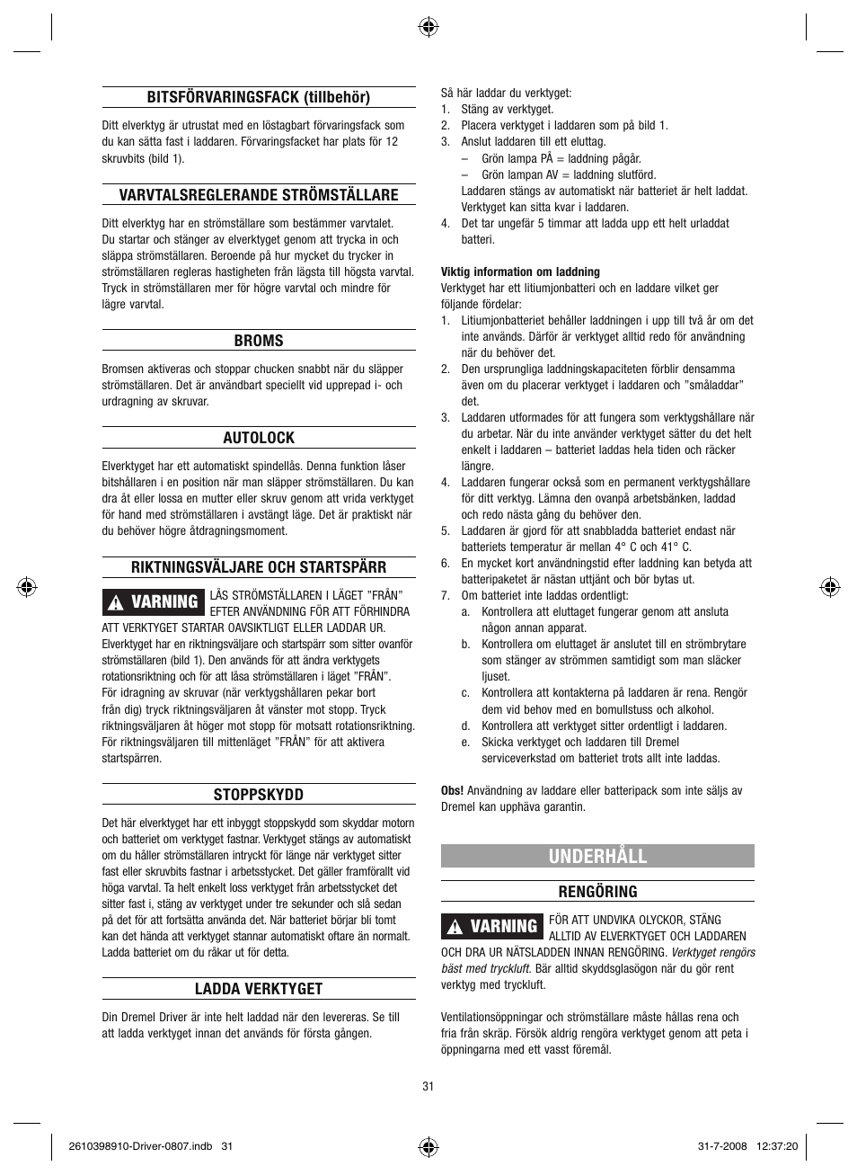 Underhåll, Varning | Dremel Шуруповёрт DREMEL Driver User Manual | Page 31 / 108
