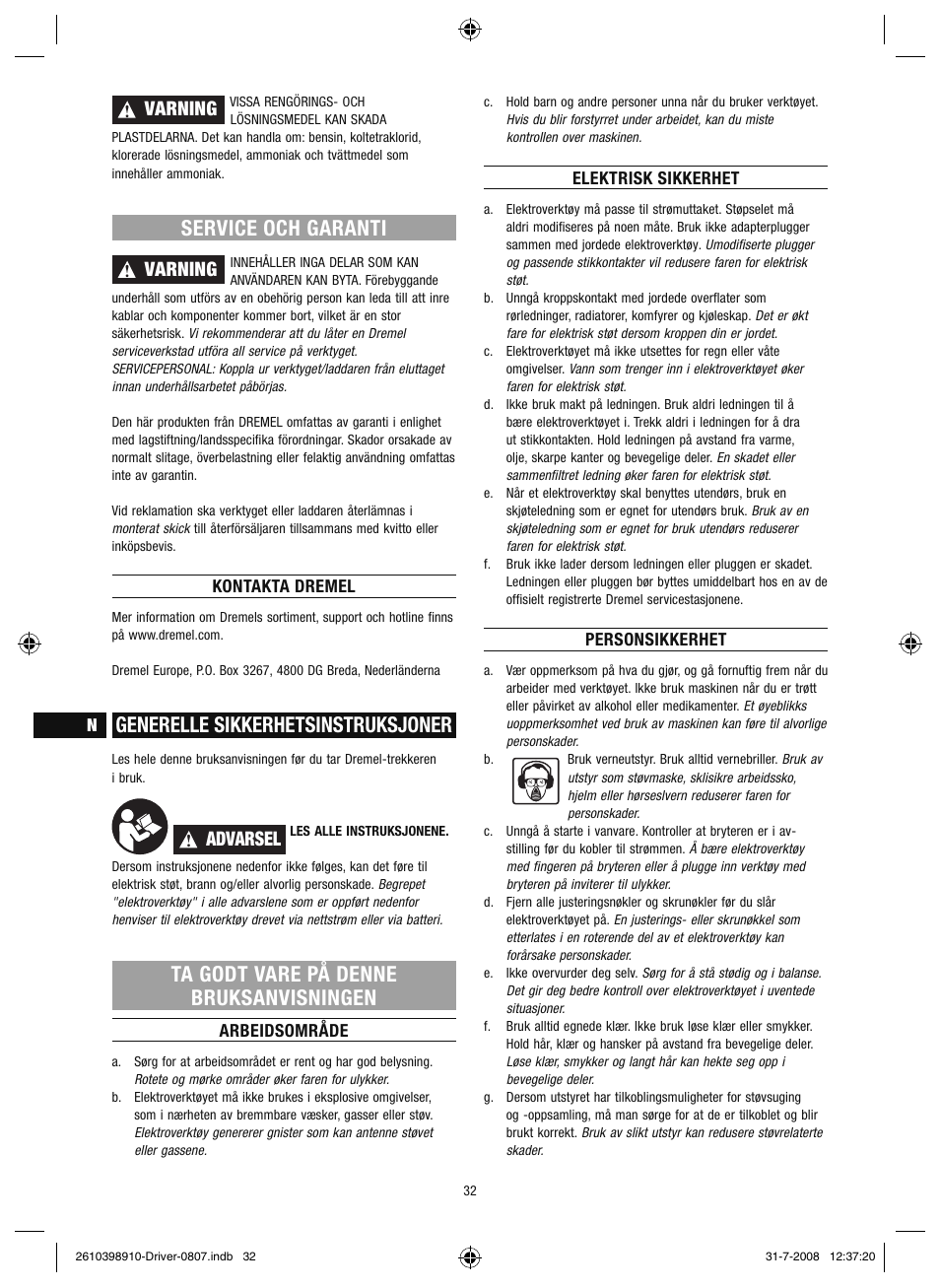 Service och garanti, Generelle sikkerhetsinstruksjoner, Ta godt vare på denne bruksanvisningen | Varning, Advarsel | Dremel Шуруповёрт DREMEL Driver User Manual | Page 32 / 108
