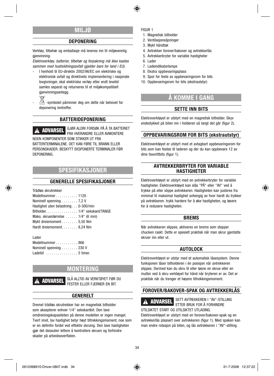 Miljø, Spesifikasjoner, Montering | Å komme i gang, Advarsel | Dremel Шуруповёрт DREMEL Driver User Manual | Page 34 / 108