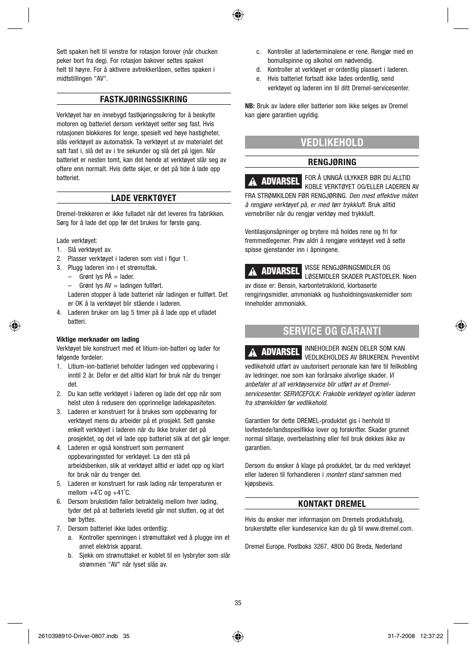 Vedlikehold, Service og garanti, Advarsel | Dremel Шуруповёрт DREMEL Driver User Manual | Page 35 / 108