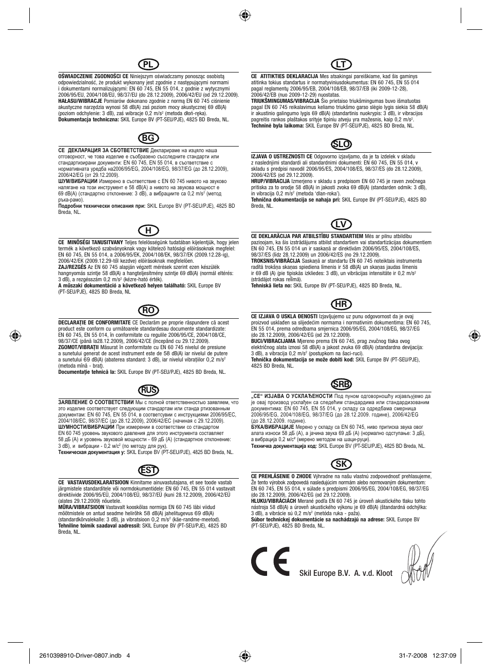 Skil europe b.v. a. v.d. kloot | Dremel Шуруповёрт DREMEL Driver User Manual | Page 4 / 108