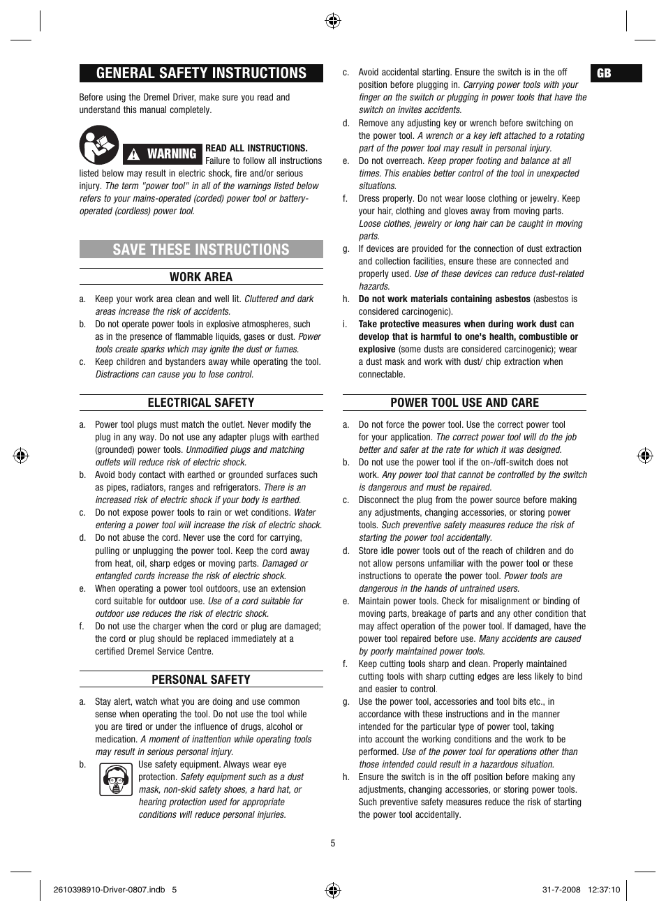 General safety instructions, Save these instructions, Warning | Dremel Шуруповёрт DREMEL Driver User Manual | Page 5 / 108