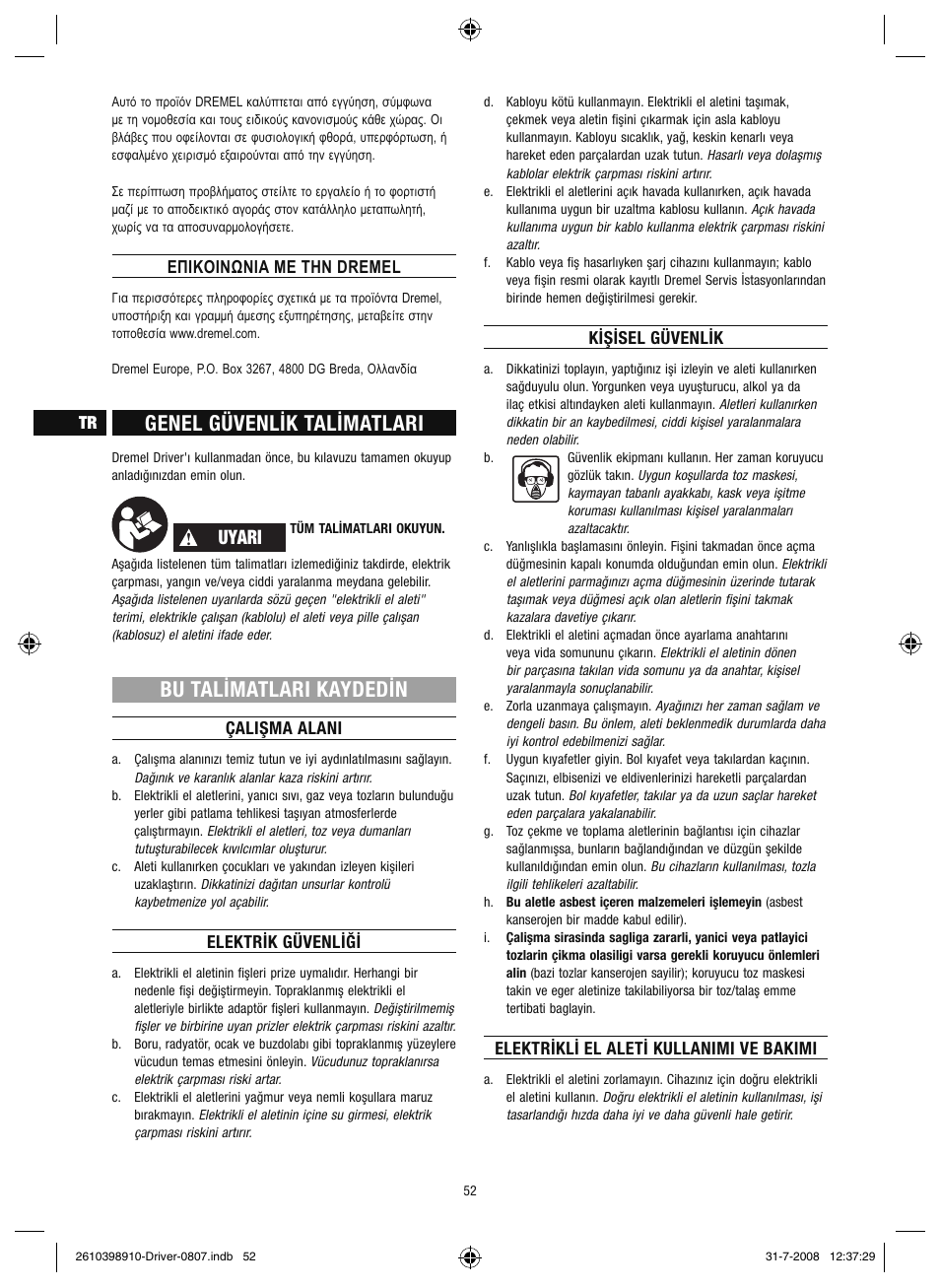 Genel güvenlik talimatlari, Bu talimatlari kaydedin, Uyari | Dremel Шуруповёрт DREMEL Driver User Manual | Page 52 / 108