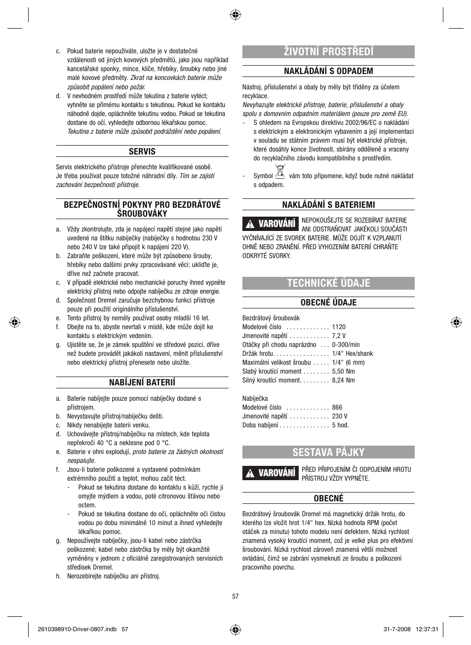 Životní prostředí, Technické údaje, Sestava pájky | Varování | Dremel Шуруповёрт DREMEL Driver User Manual | Page 57 / 108