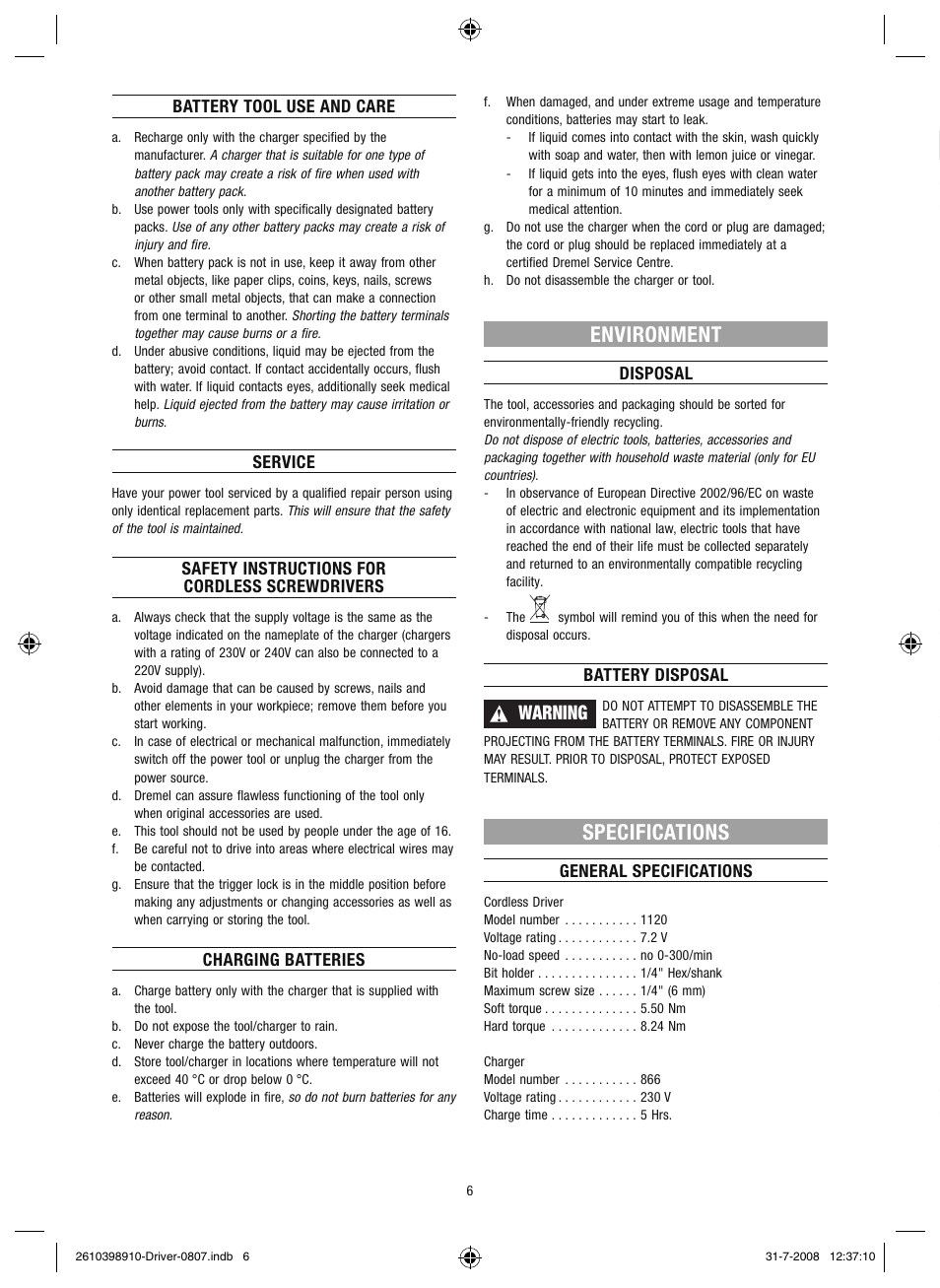 Environment, Specifications, Warning | Dremel Шуруповёрт DREMEL Driver User Manual | Page 6 / 108
