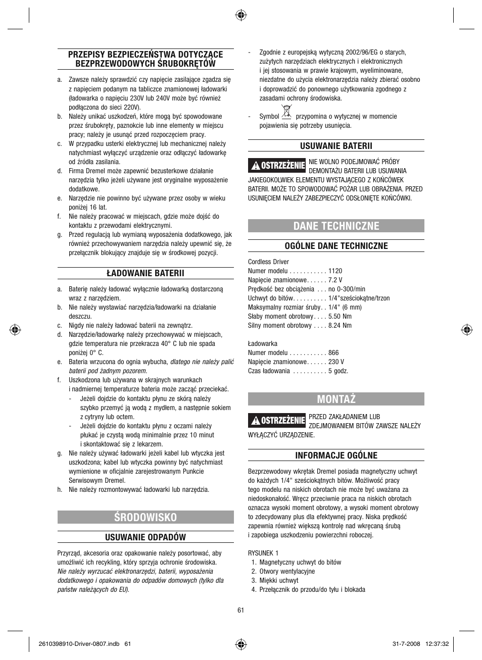 Środowisko, Dane techniczne, Montaż | Dremel Шуруповёрт DREMEL Driver User Manual | Page 61 / 108