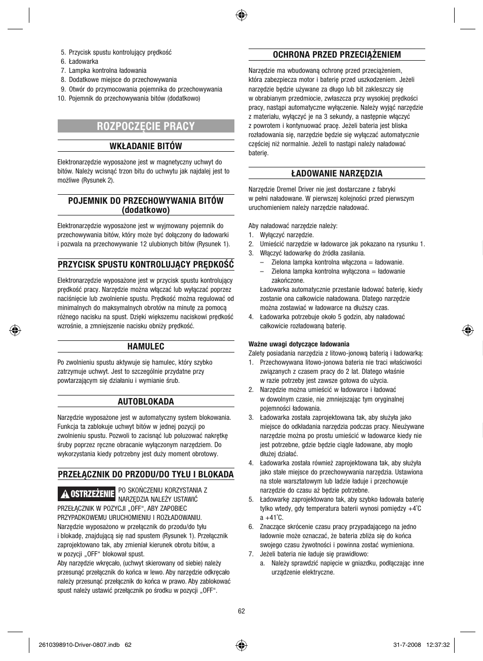 Rozpoczęcie pracy | Dremel Шуруповёрт DREMEL Driver User Manual | Page 62 / 108