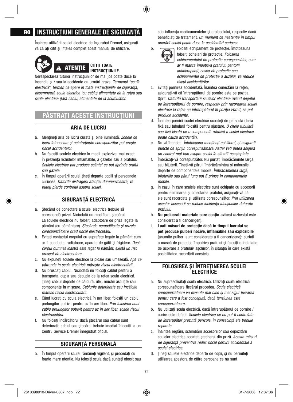 Instrucţiuni generale de siguranţă, Păstraţi aceste instrucţiuni, Atenţie | Dremel Шуруповёрт DREMEL Driver User Manual | Page 72 / 108