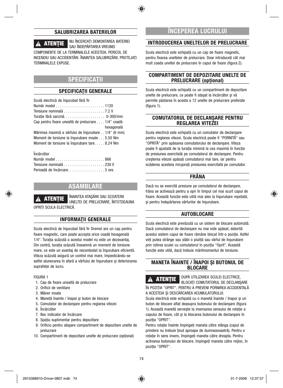 Specificaţii, Asamblare, Începerea lucrului | Dremel Шуруповёрт DREMEL Driver User Manual | Page 74 / 108