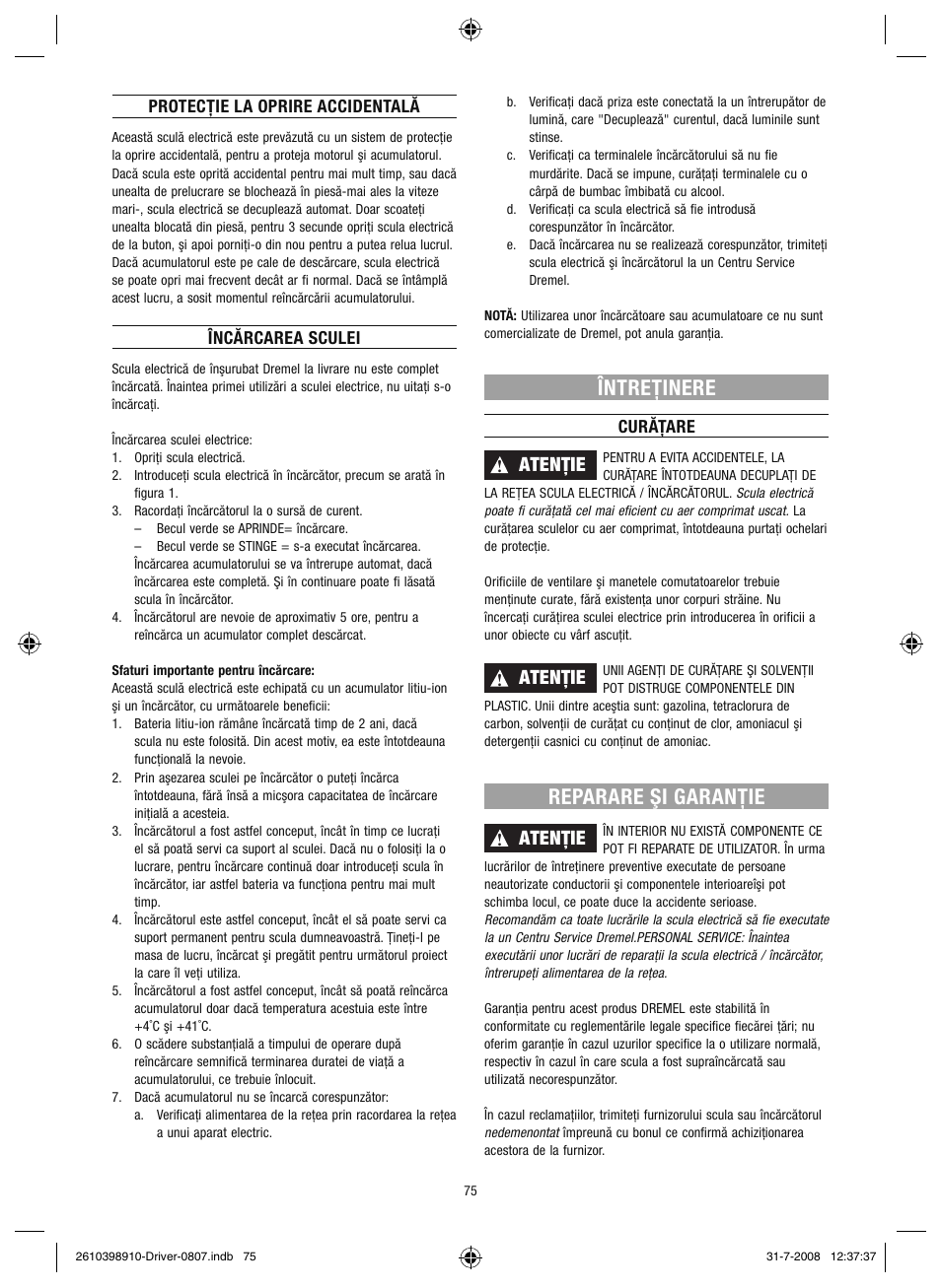 Întreţinere, Reparare şi garanţie, Atenţie | Dremel Шуруповёрт DREMEL Driver User Manual | Page 75 / 108