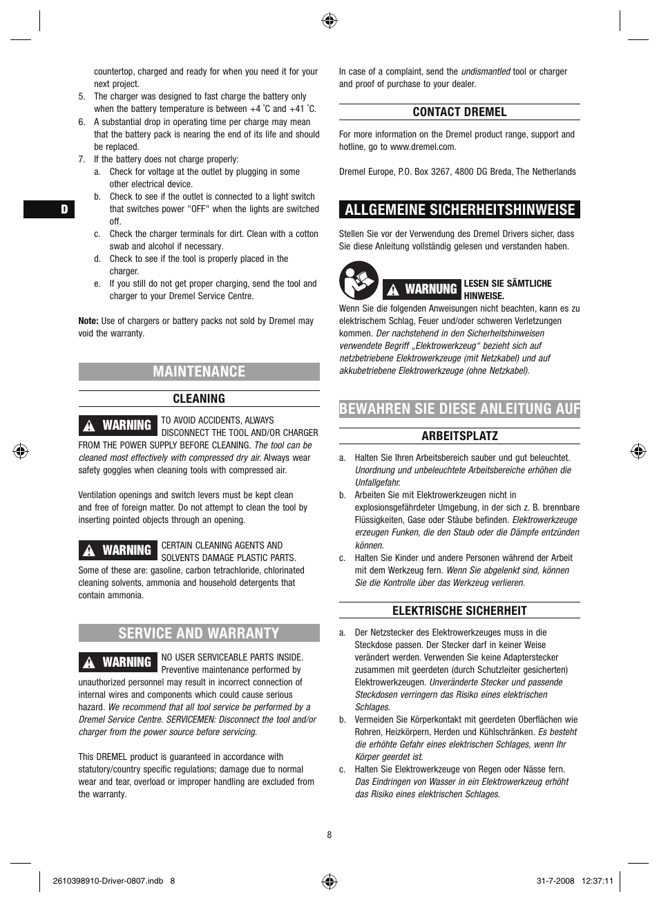 Maintenance, Service and warranty, Allgemeine sicherheitshinweise | Bewahren sie diese anleitung auf, Warning, Warnung | Dremel Шуруповёрт DREMEL Driver User Manual | Page 8 / 108