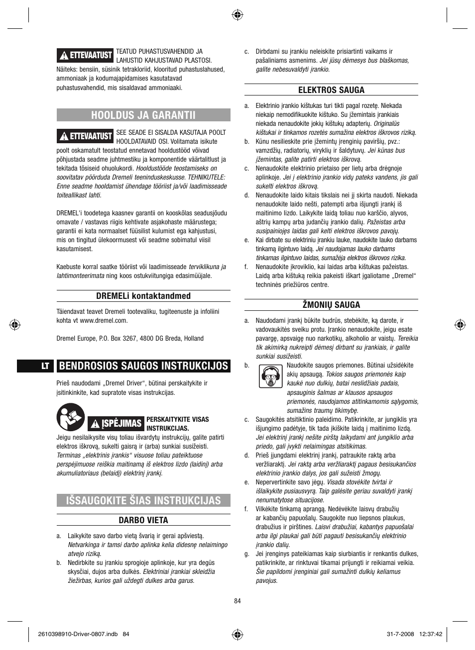 Hooldus ja garantii, Bendrosios saugos instrukcijos, Išsaugokite šias instrukcijas | Įspėjimas | Dremel Шуруповёрт DREMEL Driver User Manual | Page 84 / 108