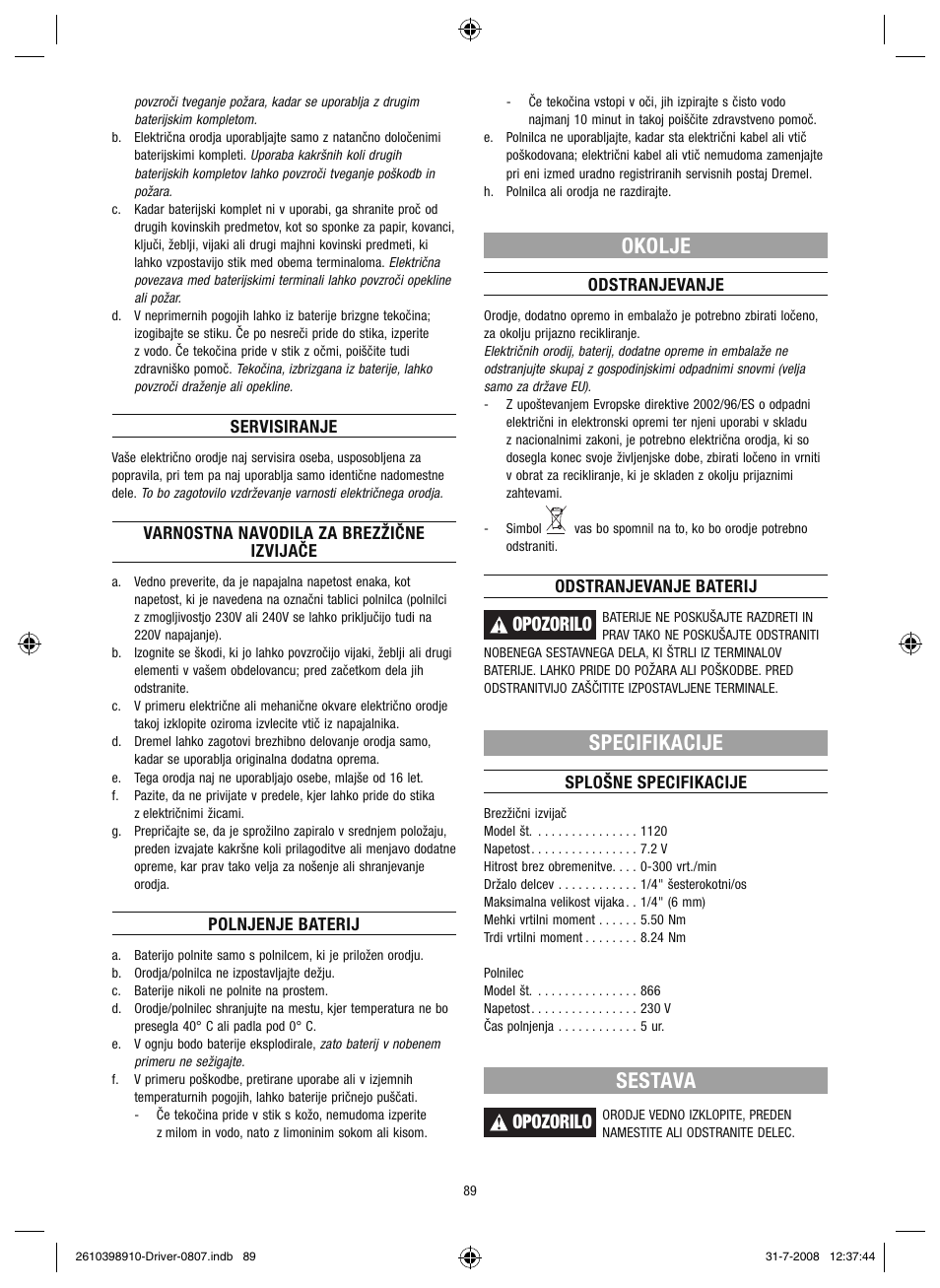 Okolje, Specifikacije, Sestava | Opozorilo | Dremel Шуруповёрт DREMEL Driver User Manual | Page 89 / 108