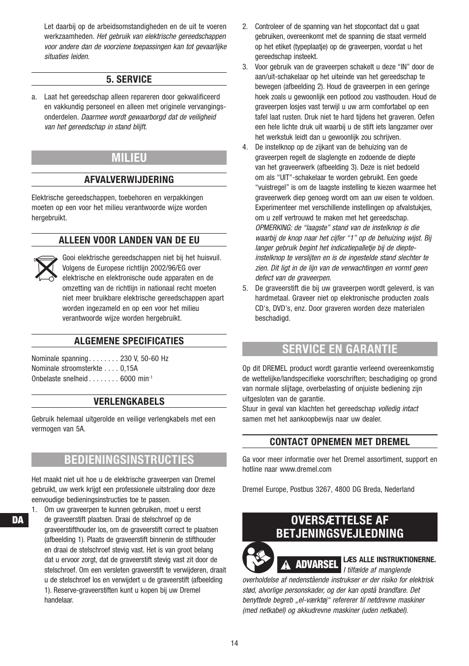 Milieu, Bedieningsinstructies, Service en garantie | Oversættelse af betjeningsvejledning, Advarsel | Dremel Гравёр DREMEL User Manual | Page 14 / 60