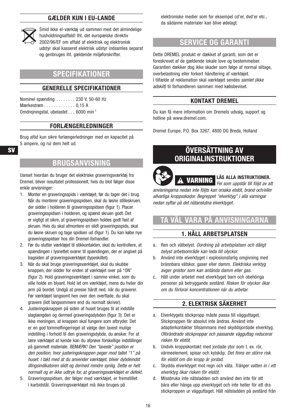 Specifikationer, Brugsanvisning, Service og garanti | Översättning av originalinstruktioner, Ta väl vara på anvisningarna, Varning | Dremel Гравёр DREMEL User Manual | Page 16 / 60