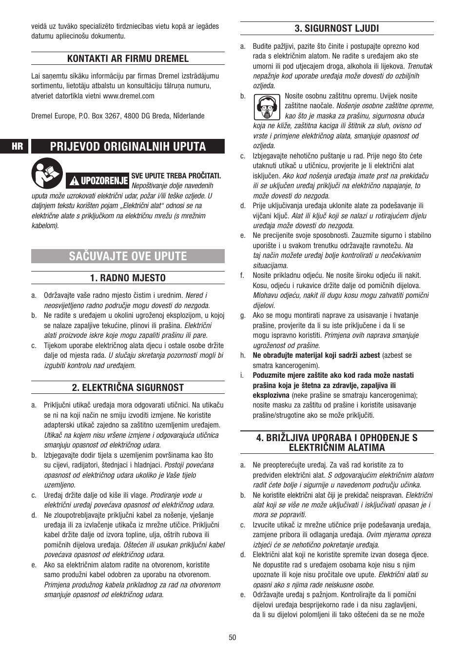 Prijevod originalnih uputa, Sačuvajte ove upute, Upozorenje | Kontakti ar firmu dremel, Radno mjesto, Električna sigurnost, Sigurnost ljudi | Dremel Гравёр DREMEL User Manual | Page 50 / 60