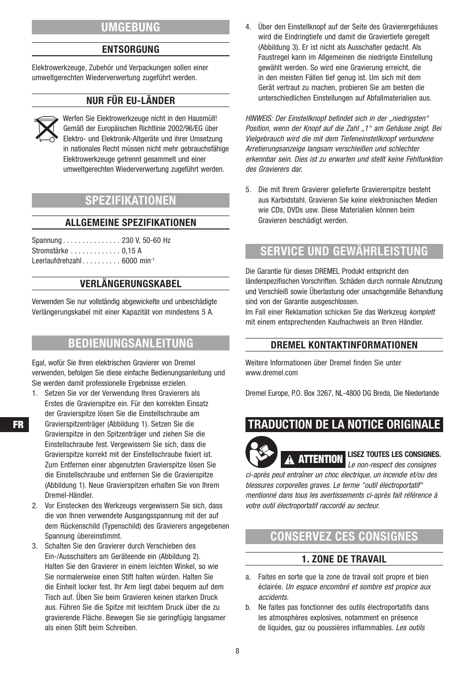 Umgebung, Spezifikationen, Bedienungsanleitung | Service und gewährleistung, Traduction de la notice originale, Conservez ces consignes, Attention | Dremel Гравёр DREMEL User Manual | Page 8 / 60