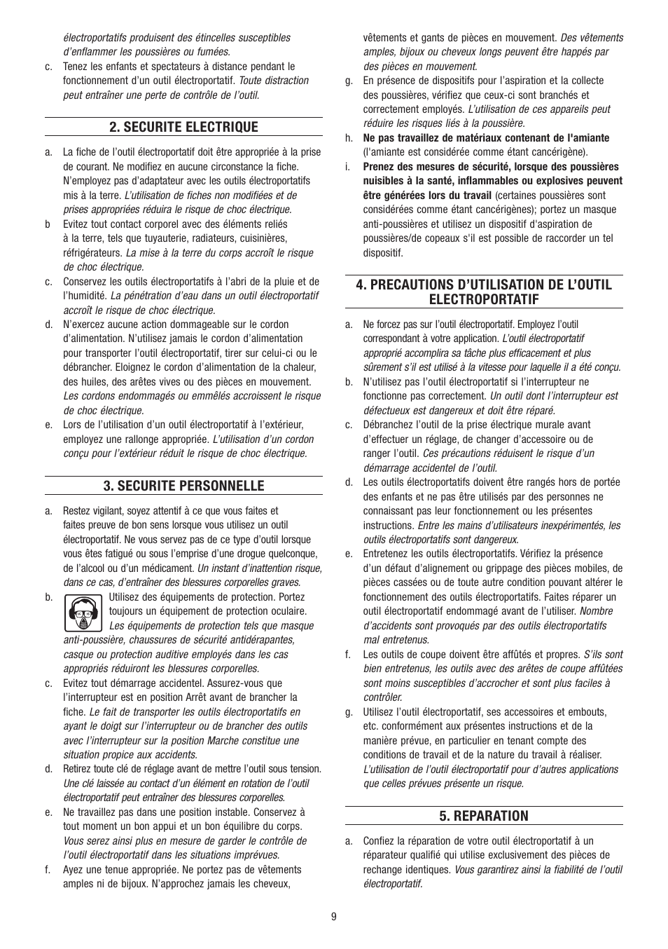 Securite electrique, Securite personnelle, Reparation | Dremel Гравёр DREMEL User Manual | Page 9 / 60