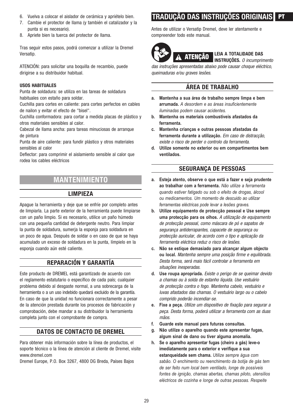 Mantenimiento, Tradução das instruções originais, Atençâo | Limpieza, Reparación y garantía, Datos de contacto de dremel, Área de trabalho, Segurança de pessoas | Dremel Газовый паяльник DREMEL VersaTip User Manual | Page 29 / 80