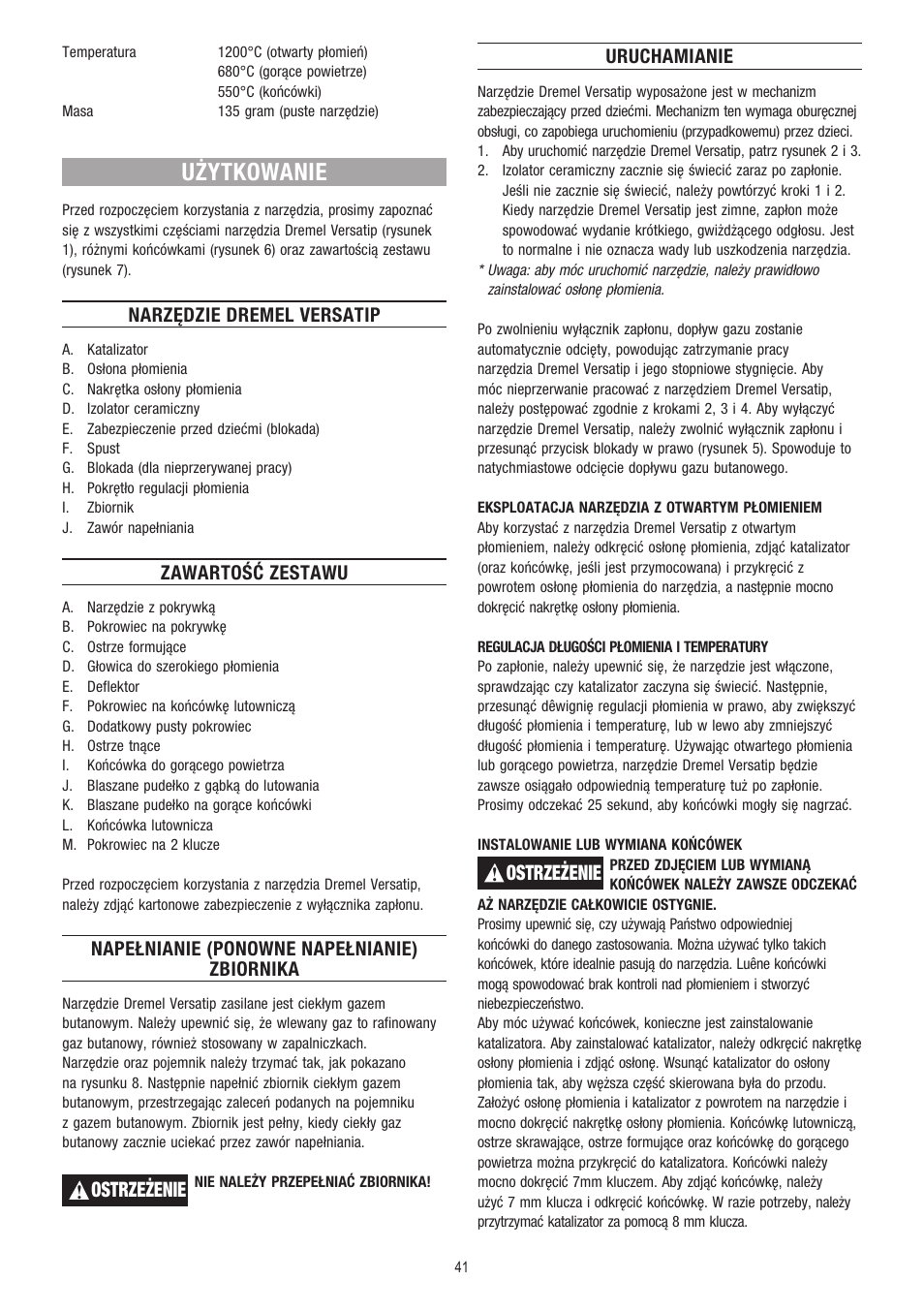 Użytkowanie, Ostrzeżenie | Dremel Газовый паяльник DREMEL VersaTip User Manual | Page 41 / 80