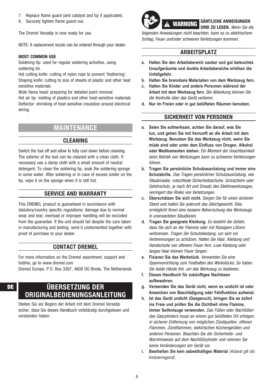 Maintenance, Übersetzung der originalbedienungsanleitung, Warnung | Cleaning, Service and warranty, Contact dremel, Arbeitsplatz, Sicherheit von personen | Dremel Газовый паяльник DREMEL VersaTip User Manual | Page 6 / 80