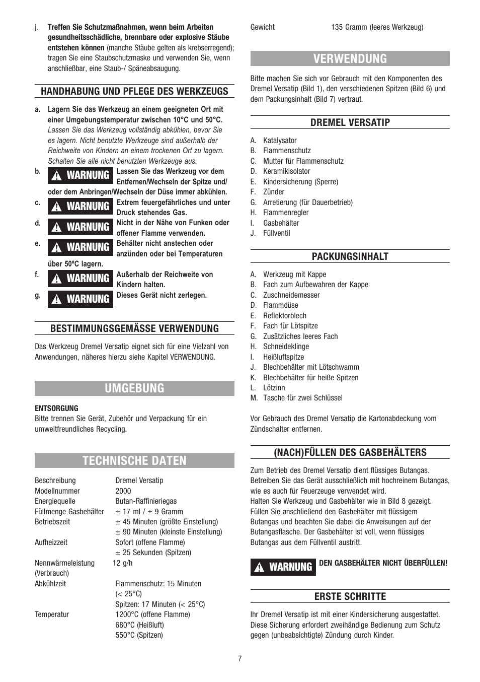 Umgebung, Technische daten, Verwendung | Warnung | Dremel Газовый паяльник DREMEL VersaTip User Manual | Page 7 / 80