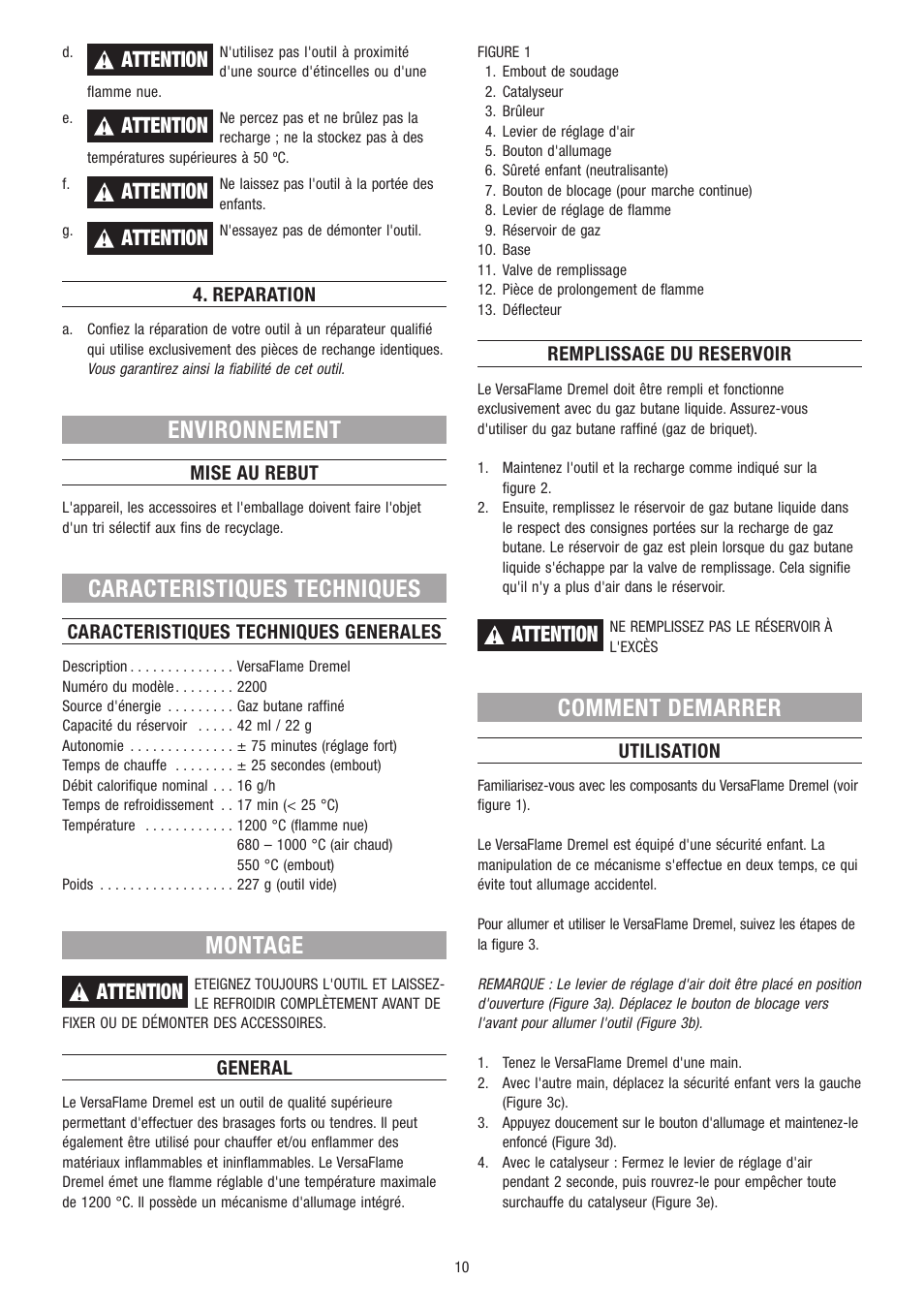 Environnement, Caracteristiques techniques, Montage | Comment demarrer, Attention | Dremel VersaFlame User Manual | Page 10 / 80