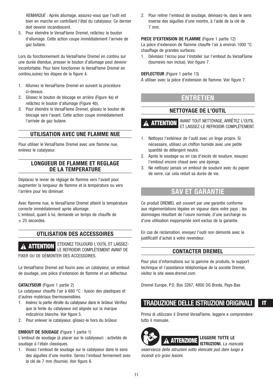 Entretien, Sav et garantie, Traduzione delle istruzioni originali | Attention, Attenzione | Dremel VersaFlame User Manual | Page 11 / 80