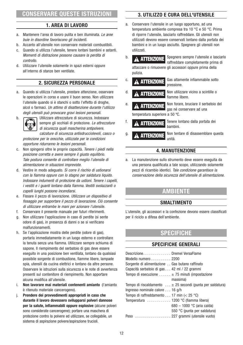 Conservare queste istruzioni, Ambiente, Specifiche | Attenzione | Dremel VersaFlame User Manual | Page 12 / 80