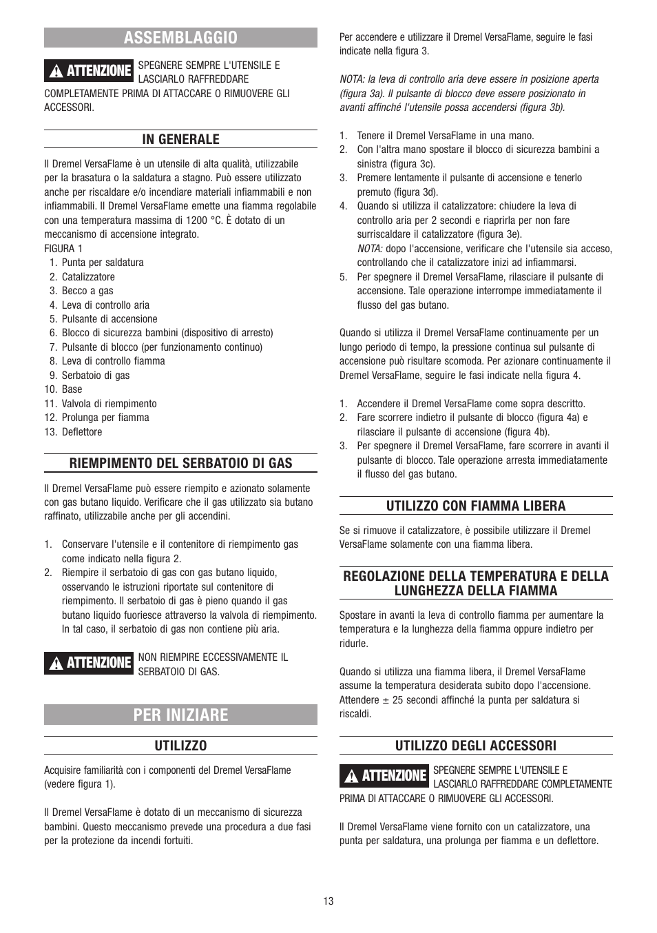 Assemblaggio, Per iniziare, Attenzione | Dremel VersaFlame User Manual | Page 13 / 80