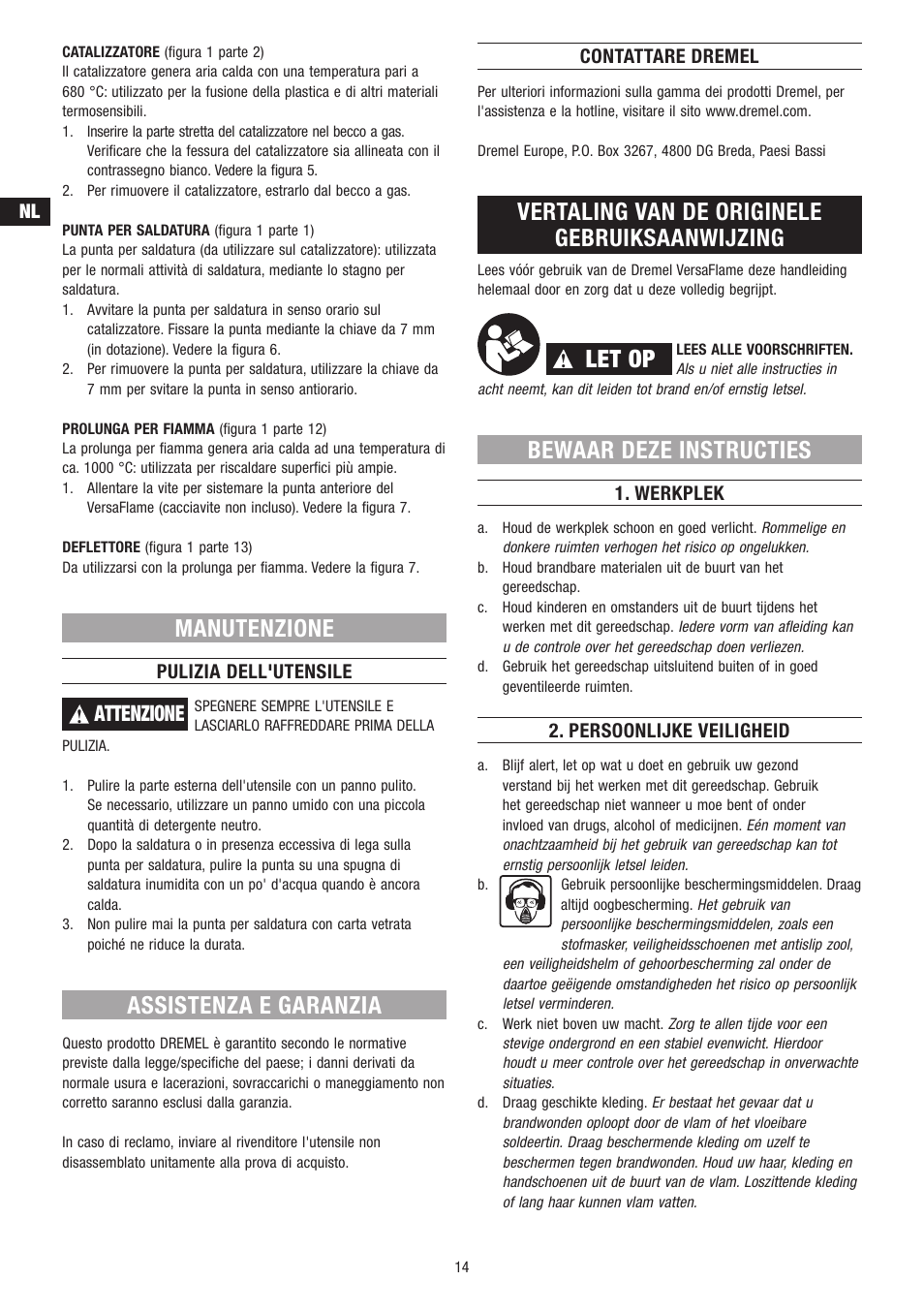 Let op, Manutenzione, Assistenza e garanzia | Vertaling van de originele gebruiksaanwijzing, Bewaar deze instructies, Attenzione | Dremel VersaFlame User Manual | Page 14 / 80