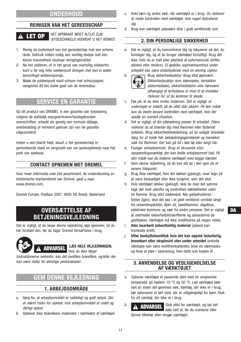 Let op, Onderhoud, Service en garantie | Oversættelse af betjeningsvejledning, Gem denne vejledning, Advarsel | Dremel VersaFlame User Manual | Page 17 / 80