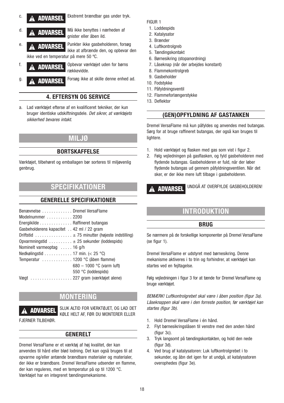 Miljø, Specifikationer, Montering | Introduktion, Advarsel | Dremel VersaFlame User Manual | Page 18 / 80