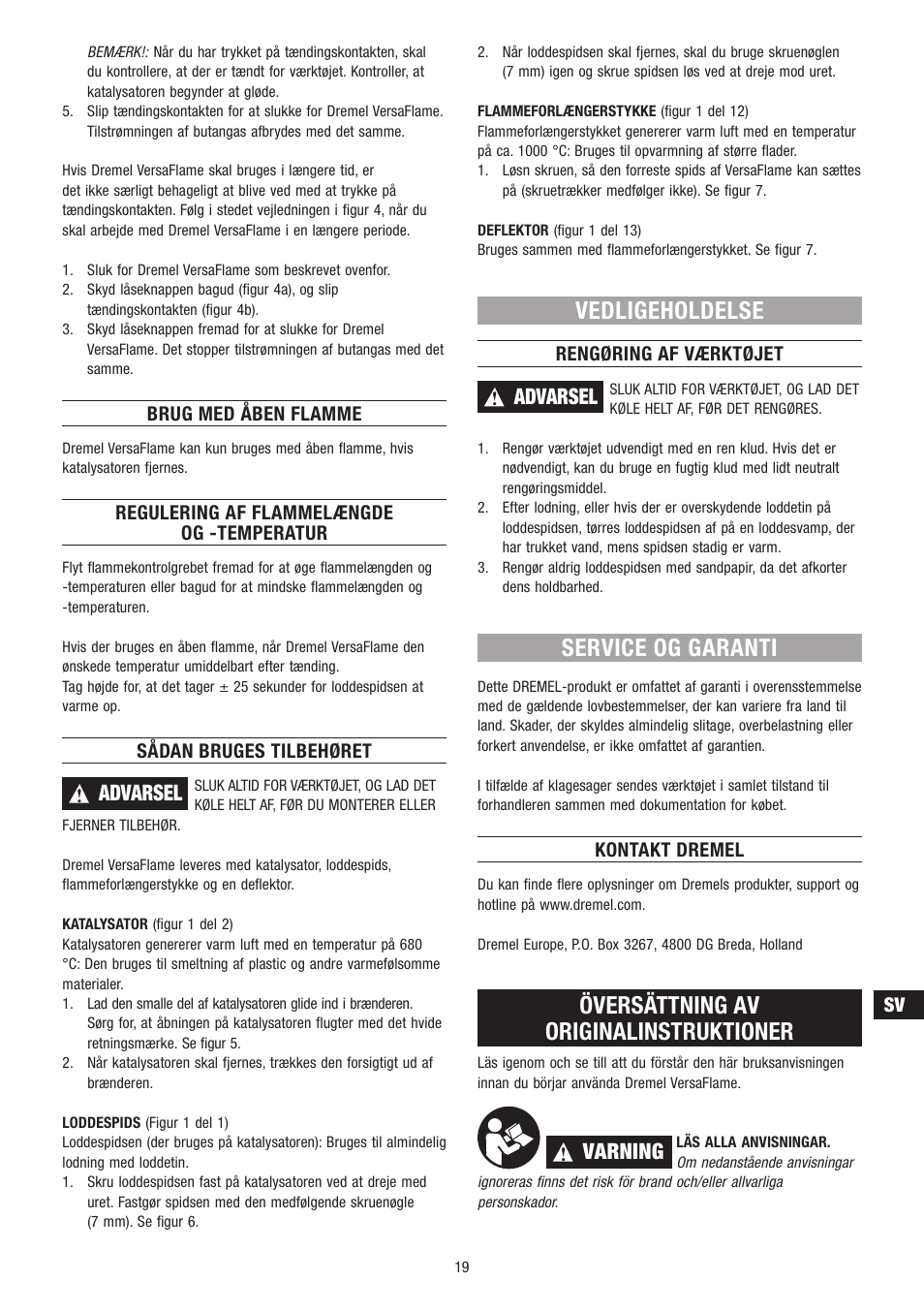Vedligeholdelse, Service og garanti, Översättning av originalinstruktioner | Advarsel, Varning | Dremel VersaFlame User Manual | Page 19 / 80