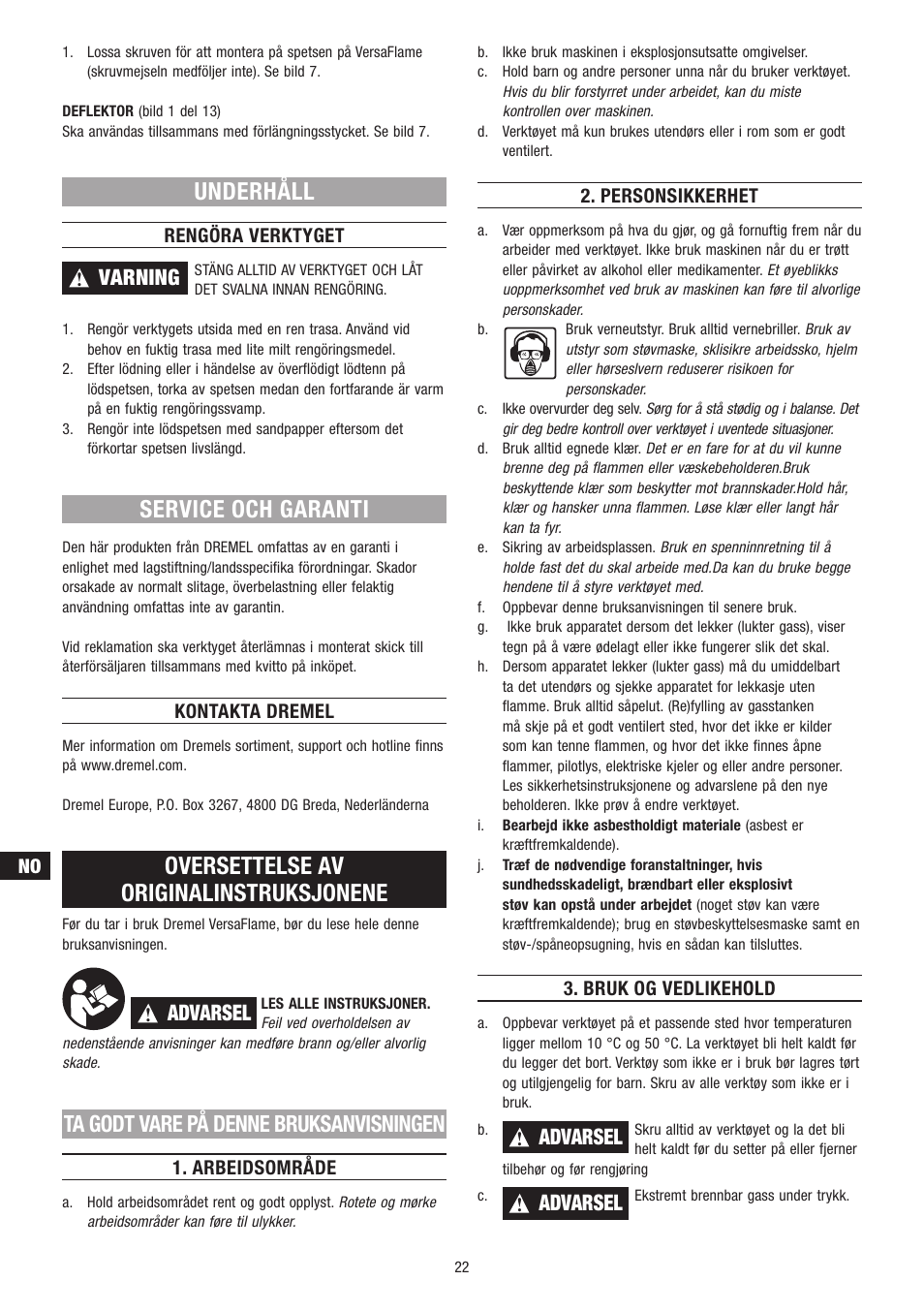 Underhåll, Service och garanti, Oversettelse av originalinstruksjonene | Ta godt vare på denne bruksanvisningen, Varning, Advarsel | Dremel VersaFlame User Manual | Page 22 / 80