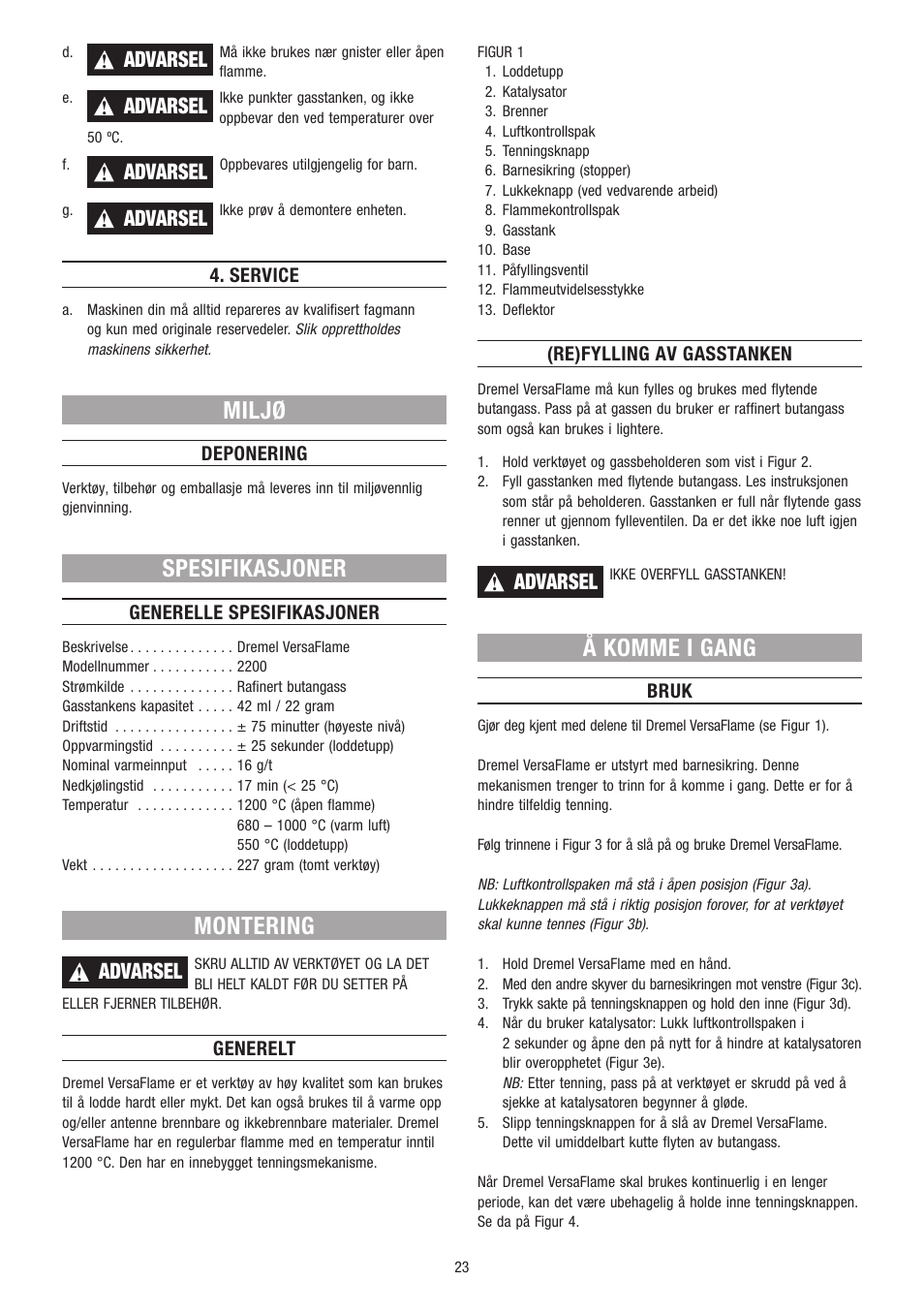 Miljø, Spesifikasjoner, Montering | Å komme i gang, Advarsel | Dremel VersaFlame User Manual | Page 23 / 80