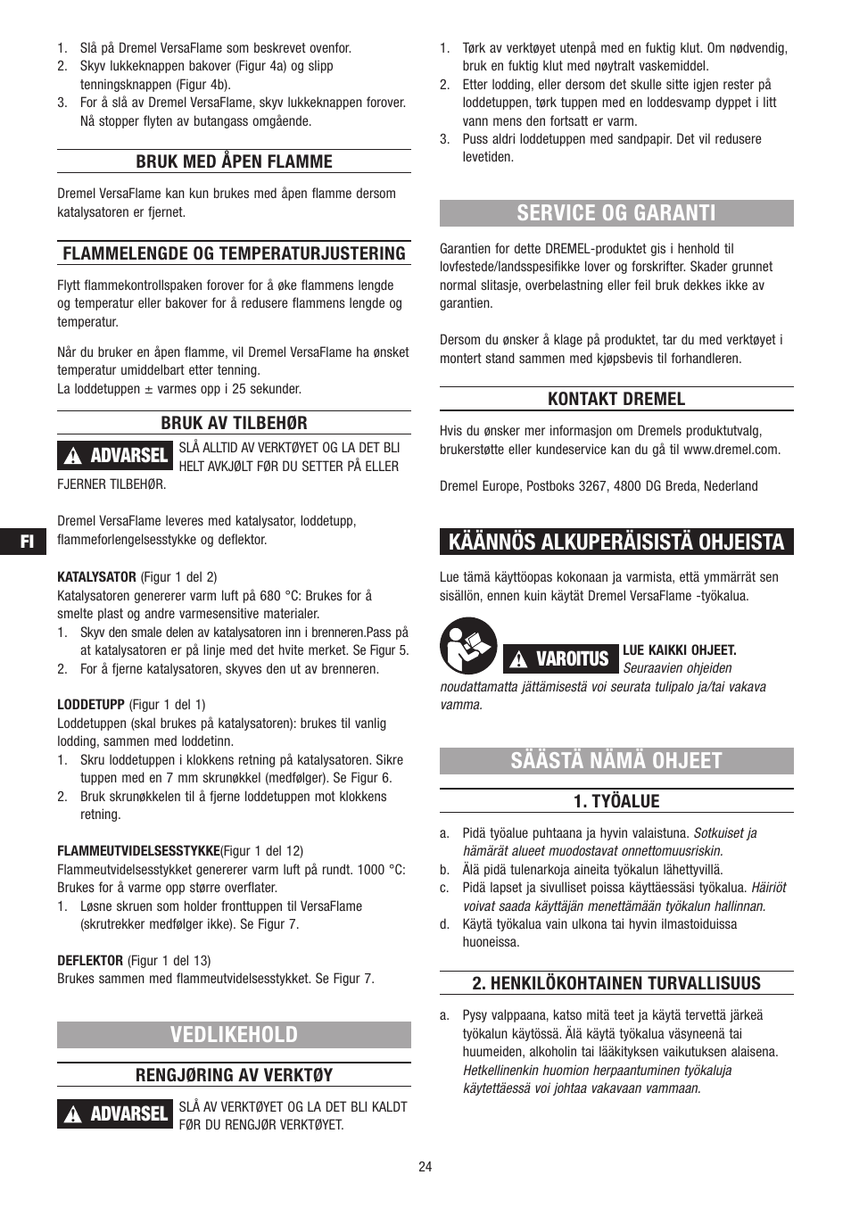 Vedlikehold, Service og garanti, Käännös alkuperäisistä ohjeista | Säästä nämä ohjeet, Advarsel, Varoitus | Dremel VersaFlame User Manual | Page 24 / 80