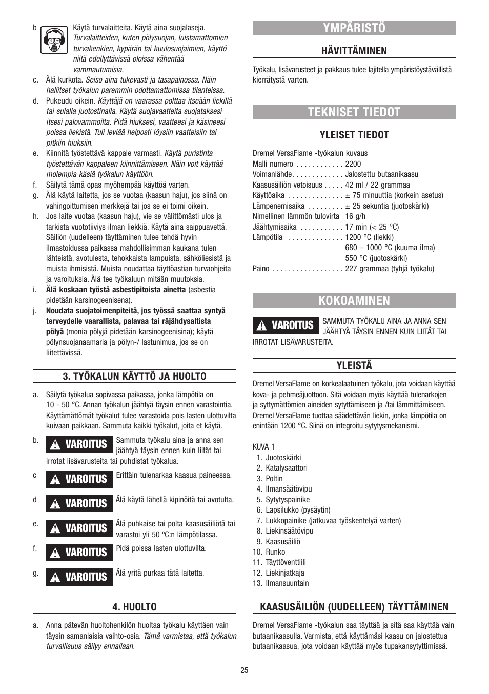 Ympäristö, Tekniset tiedot, Kokoaminen | Varoitus | Dremel VersaFlame User Manual | Page 25 / 80