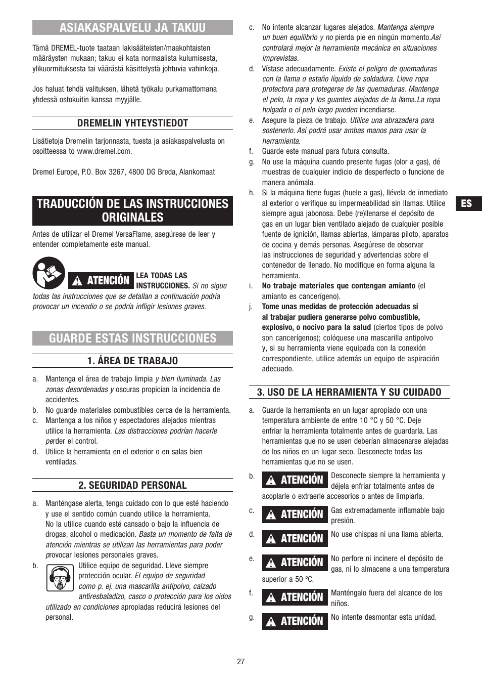 Asiakaspalvelu ja takuu, Traducción de las instrucciones originales, Guarde estas instrucciones | Atención | Dremel VersaFlame User Manual | Page 27 / 80